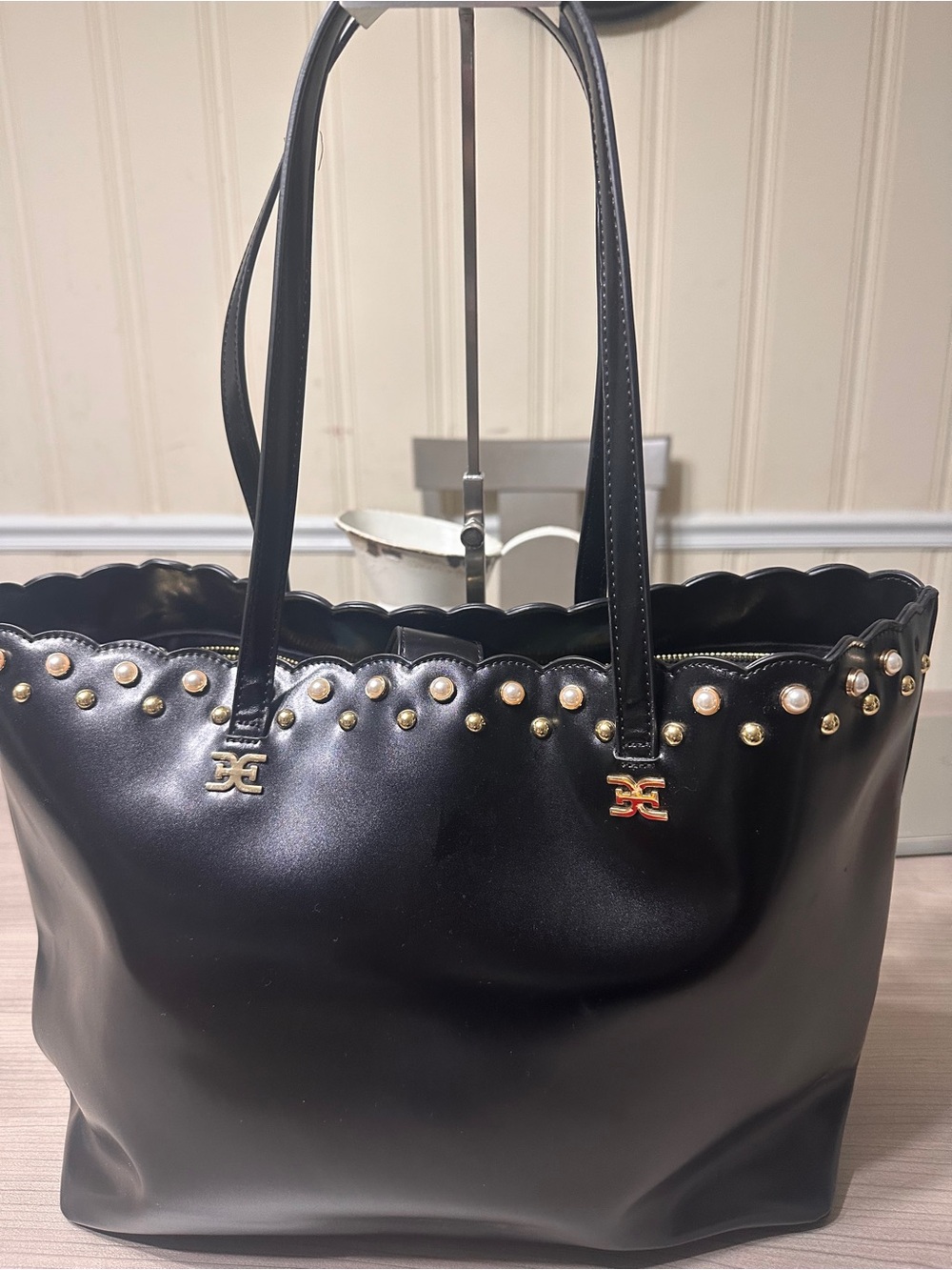 Sam Edelman Black Scalloped Leather Tote with Gold and pearl Studs